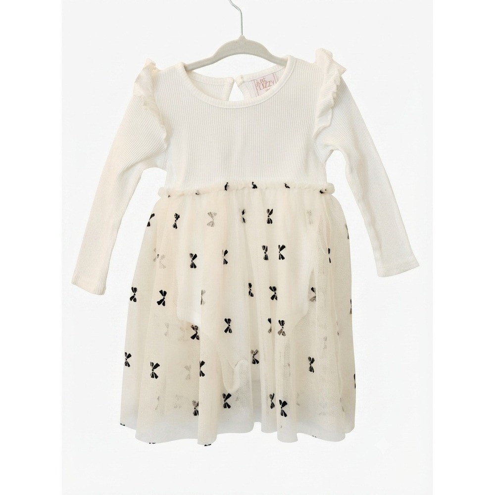 Just Lizzy Girls White Ribbed Tutu Bodice Dress Black Bows 24M